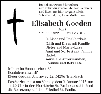 Traueranzeige von Elisabeth Goeden von trierischer_volksfreund