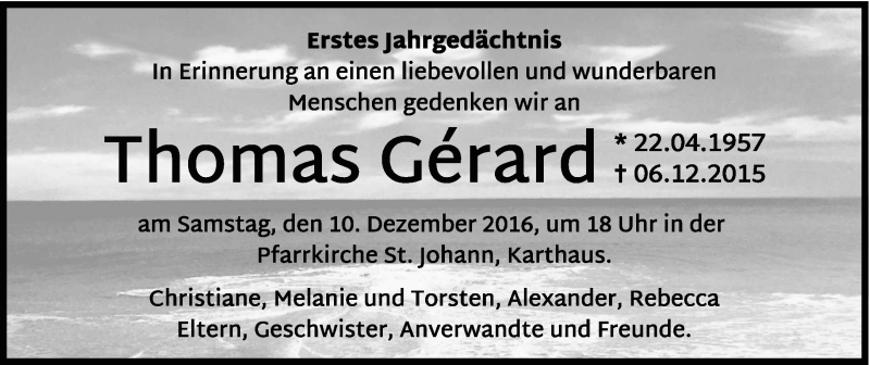  Traueranzeige für Thomas Gérard vom 03.12.2016 aus trierischer_volksfreund