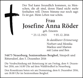 Traueranzeige von Josefine Anna Röder von trierischer_volksfreund