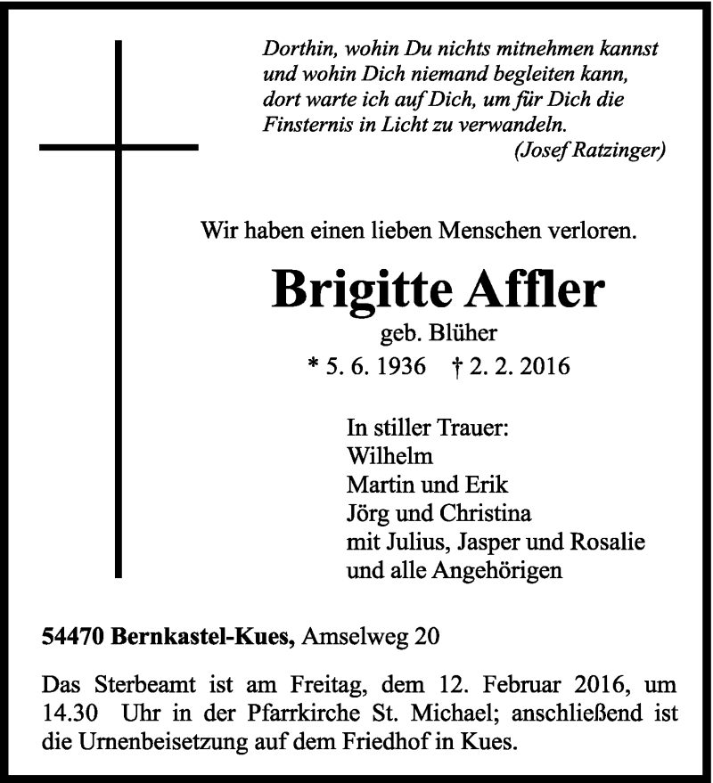  Traueranzeige für Brigitte Affler vom 05.02.2016 aus trierischer_volksfreund