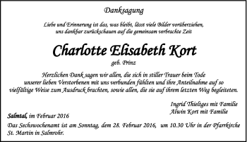 Traueranzeige von Charlotte Elisabeth Kort von trierischer_volksfreund