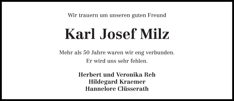  Traueranzeige für Karl Josef Milz vom 05.02.2016 aus trierischer_volksfreund