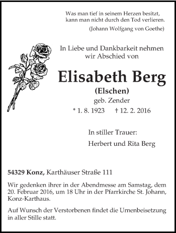Traueranzeige von Elisabeth Berg von trierischer_volksfreund