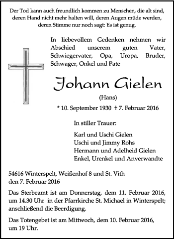 Traueranzeige von Johann Gielen von trierischer_volksfreund