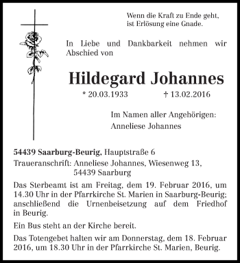 Traueranzeige von Hildegard Johannes von trierischer_volksfreund