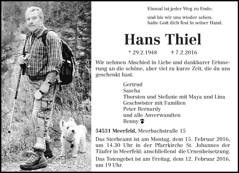  Traueranzeige für Hans Thiel vom 11.02.2016 aus trierischer_volksfreund