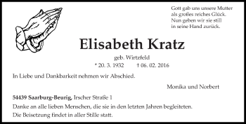 Traueranzeige von Elisabeth Kratz von trierischer_volksfreund