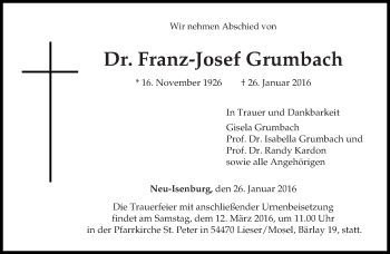 Traueranzeige von Franz-Josef Grumbach von trierischer_volksfreund