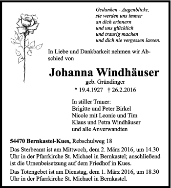 Traueranzeige von Johanna Windhäuser von trierischer_volksfreund