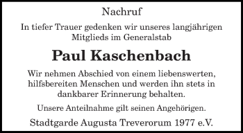 Traueranzeige von Paul Kaschenbach von trierischer_volksfreund
