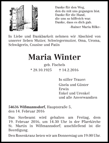 Traueranzeige von Maria Winter von trierischer_volksfreund