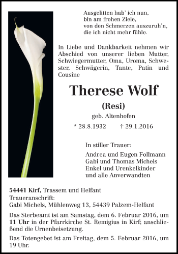 Traueranzeige von Therese Wolf von trierischer_volksfreund