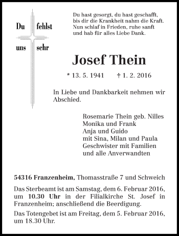 Traueranzeige von Josef Thein von trierischer_volksfreund