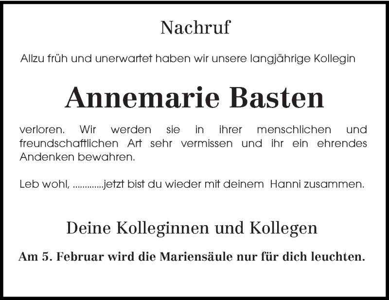  Traueranzeige für Annemarie Basten vom 04.02.2016 aus trierischer_volksfreund