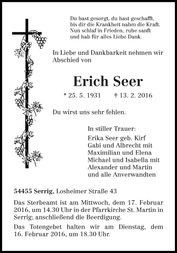 Traueranzeige von Erich Seer von trierischer_volksfreund