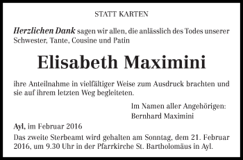 Traueranzeige von Elisabeth Maximini von trierischer_volksfreund