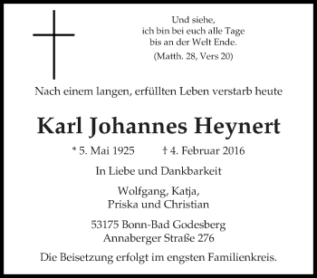 Traueranzeige von Karl Johannes Heynert von trierischer_volksfreund
