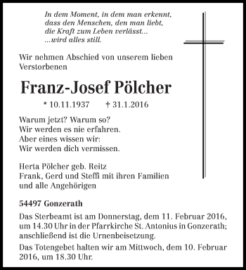 Traueranzeige von Franz-Josef Pölcher von trierischer_volksfreund