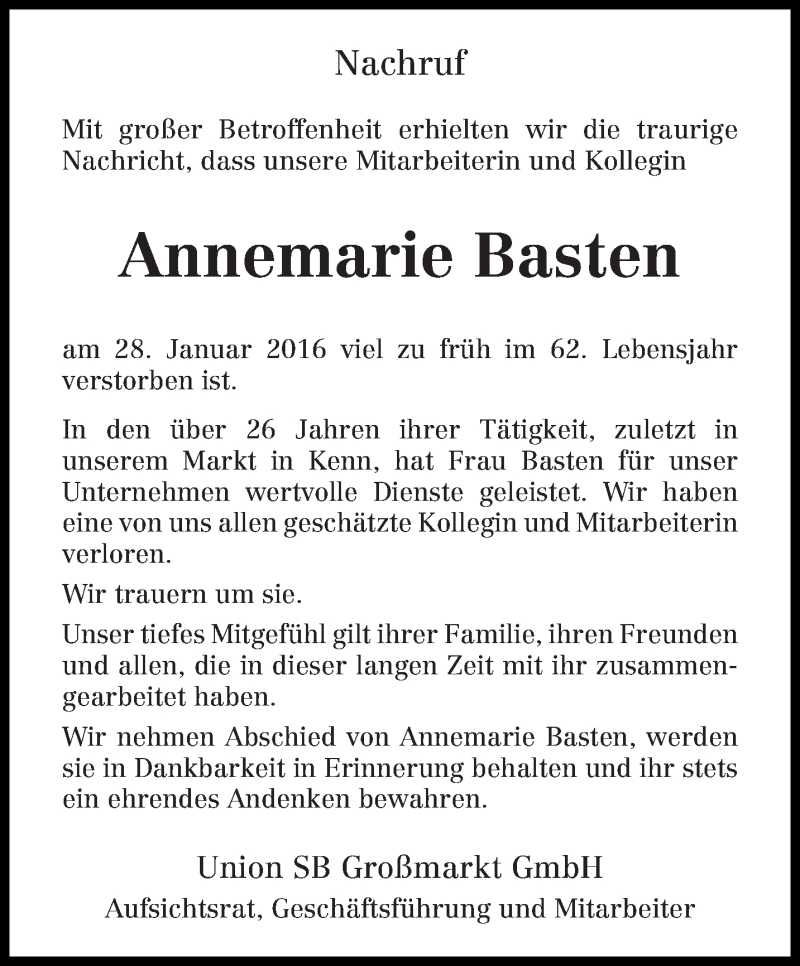  Traueranzeige für Annemarie Basten vom 02.02.2016 aus trierischer_volksfreund