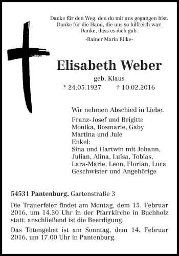 Traueranzeige von Elisabeth Weber von trierischer_volksfreund
