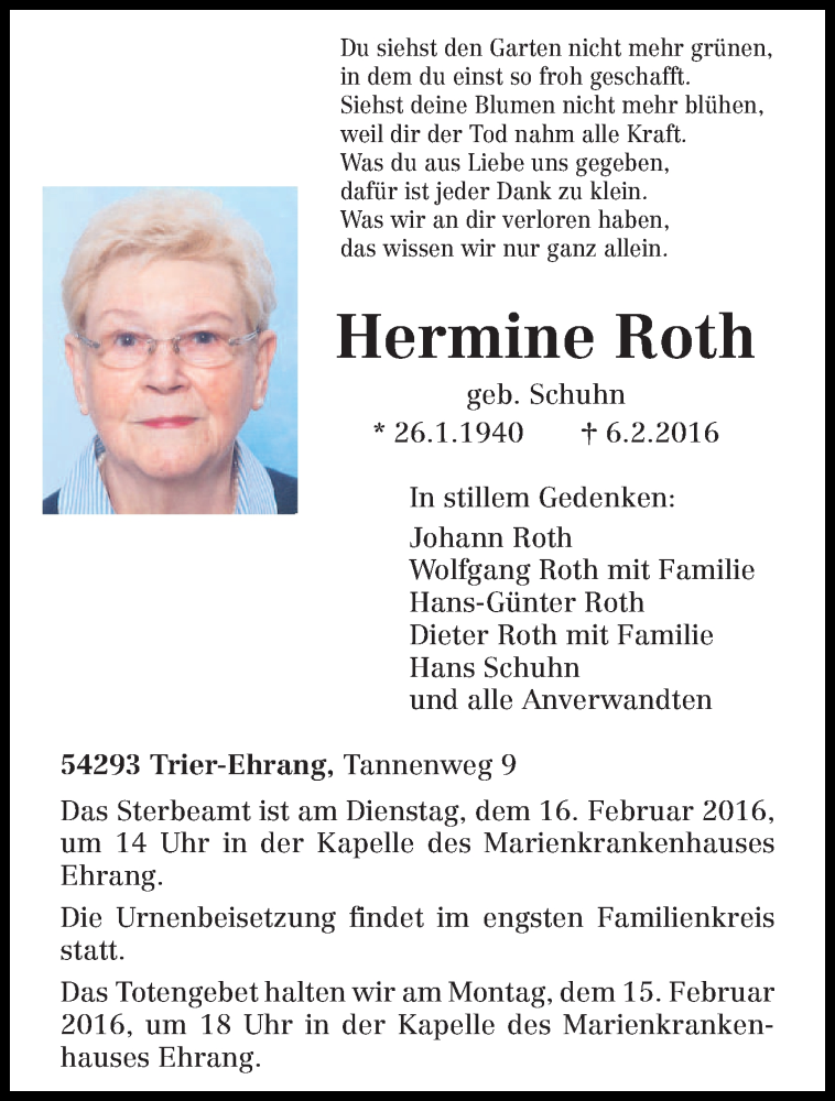  Traueranzeige für Hermine Roth vom 11.02.2016 aus trierischer_volksfreund