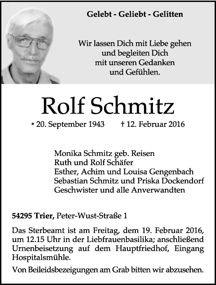  Traueranzeige für Rolf Schmitz vom 16.02.2016 aus trierischer_volksfreund