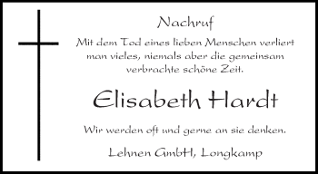 Traueranzeige von Elisabeth Hardt von trierischer_volksfreund