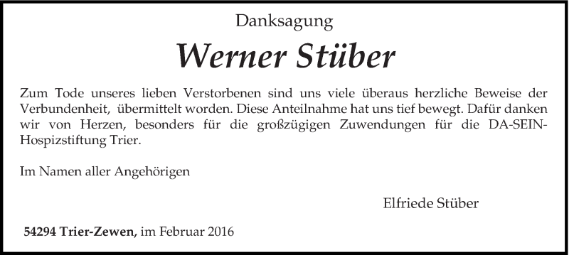  Traueranzeige für Werner Stüber vom 06.02.2016 aus trierischer_volksfreund