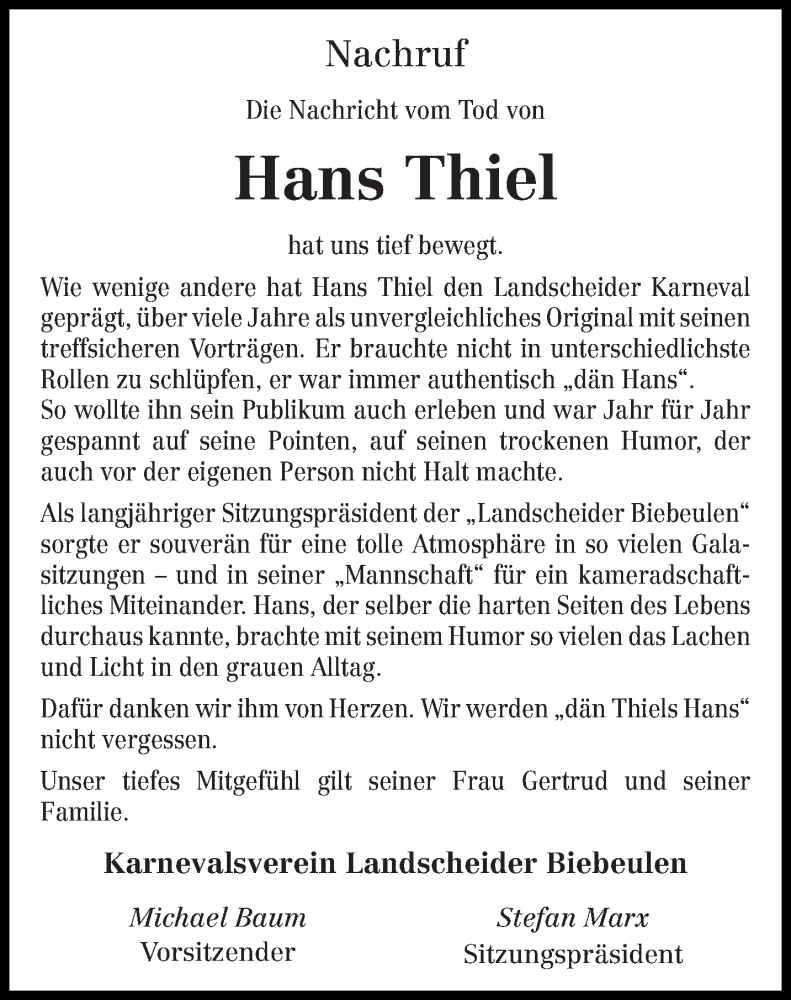  Traueranzeige für Hans Thiel vom 12.02.2016 aus trierischer_volksfreund