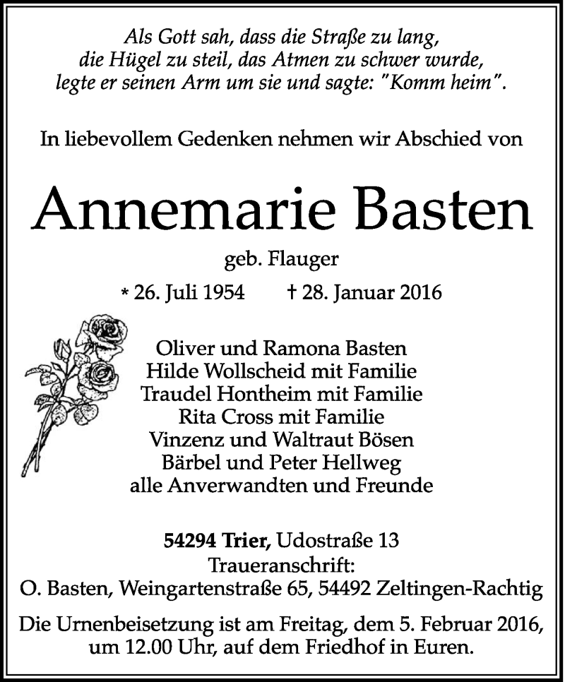  Traueranzeige für Annemarie Basten vom 02.02.2016 aus trierischer_volksfreund