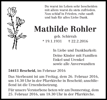 Traueranzeige von Mathilde Rohler von trierischer_volksfreund