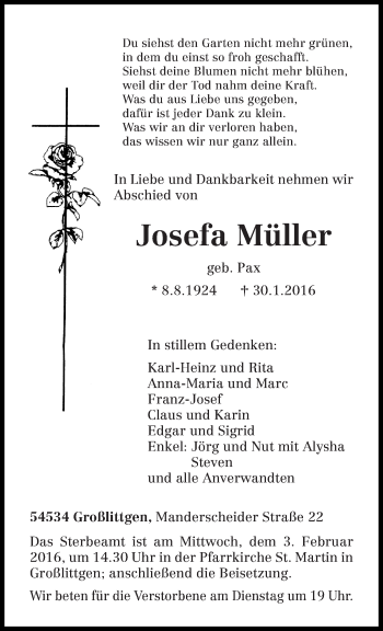 Traueranzeige von Josefa Müller von trierischer_volksfreund