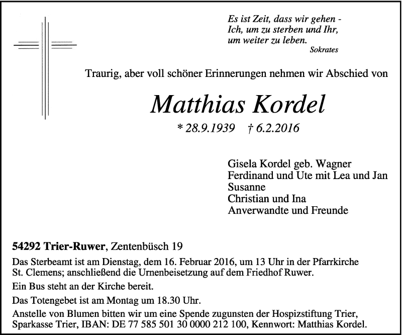  Traueranzeige für Matthias Kordel vom 10.02.2016 aus trierischer_volksfreund