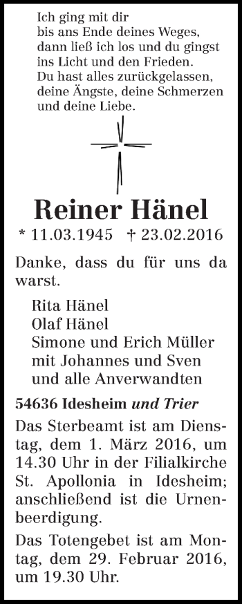 Traueranzeige von Reiner Hänel von trierischer_volksfreund