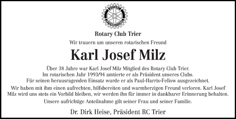  Traueranzeige für Karl Josef Milz vom 03.02.2016 aus trierischer_volksfreund