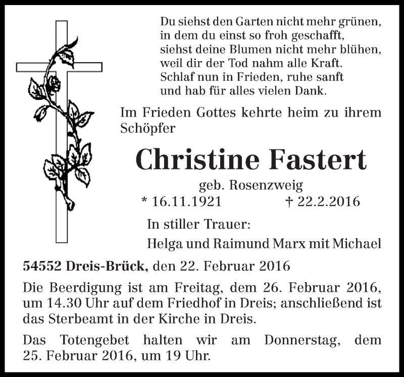  Traueranzeige für Christine Fastert vom 24.02.2016 aus trierischer_volksfreund