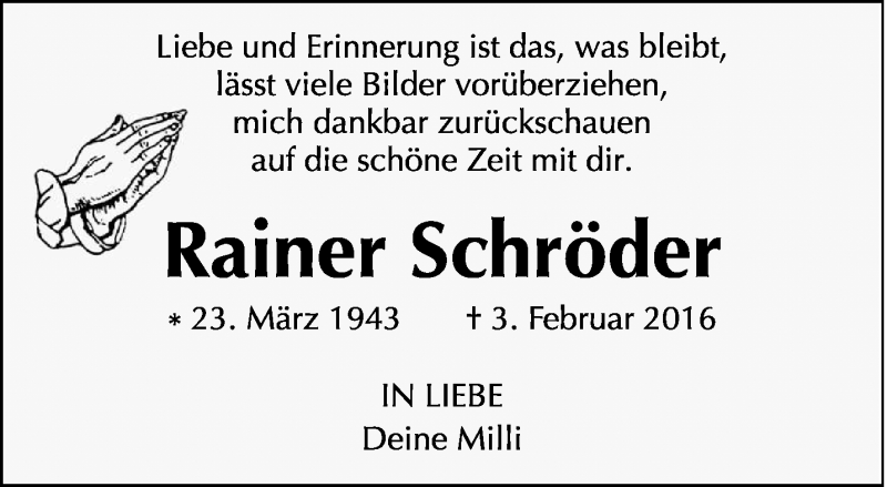  Traueranzeige für Rainer Schröder vom 13.02.2016 aus trierischer_volksfreund
