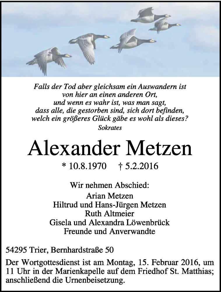  Traueranzeige für Alexander Metzen vom 10.02.2016 aus trierischer_volksfreund