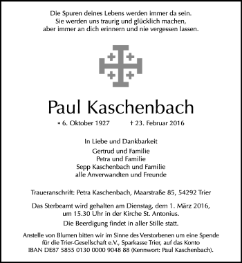 Traueranzeige von Paul Kaschenbach von trierischer_volksfreund