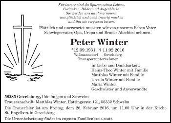 Traueranzeige von Peter Winter von trierischer_volksfreund