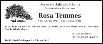 Traueranzeige von Rosa Temmes von trierischer_volksfreund