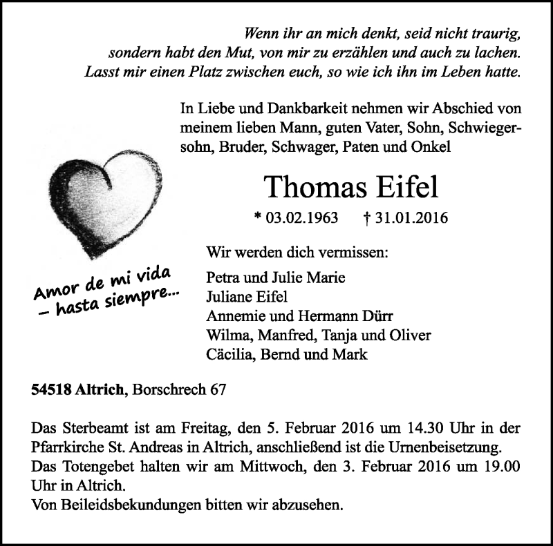  Traueranzeige für Thomas Eifel vom 02.02.2016 aus trierischer_volksfreund