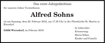 Traueranzeige von Alfred Sohns von trierischer_volksfreund