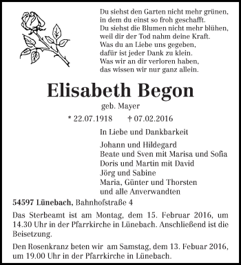 Traueranzeige von Elisabeth Begon von trierischer_volksfreund