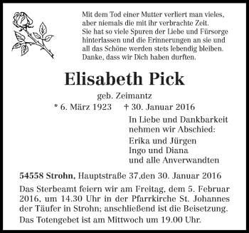 Traueranzeige von Elisabeth Pick von trierischer_volksfreund
