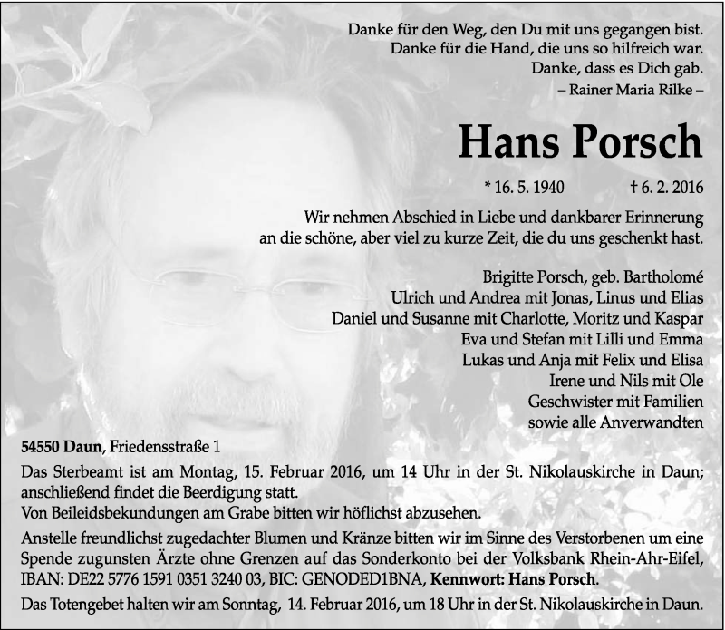  Traueranzeige für Hans Porsch vom 11.02.2016 aus trierischer_volksfreund