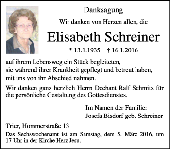 Traueranzeige von Elisabeth Schreiner von trierischer_volksfreund