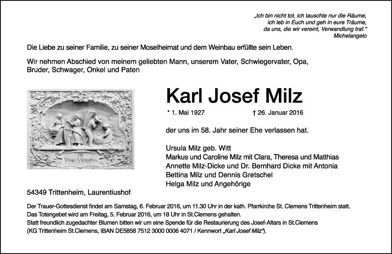  Traueranzeige für Karl Josef Milz vom 03.02.2016 aus trierischer_volksfreund