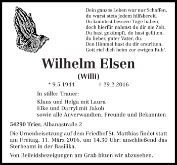 Traueranzeige von Wilhelm Elsen von trierischer_volksfreund
