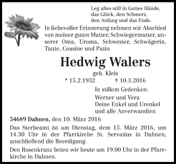 Traueranzeige von Hedwig Walers von trierischer_volksfreund